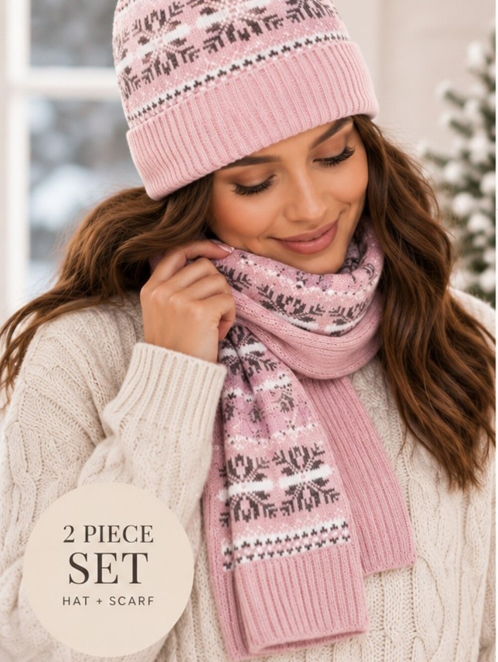 Gold Coast Ladies 2 Piece Set Pink & Gray Snowflake Winter Scarf & Hat